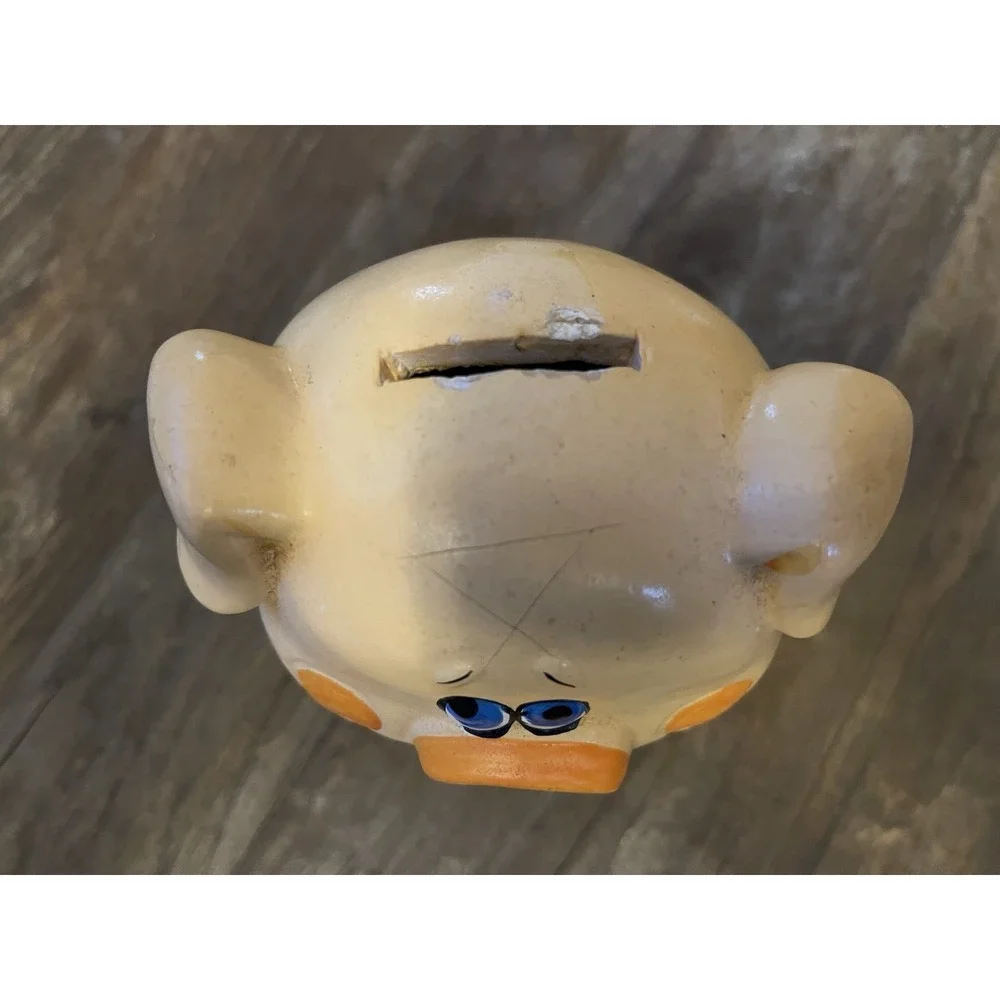 Vintage Chalkware Pig‎ Piggy Bank – Hand-Painted Pig in Blue Jean Overalls